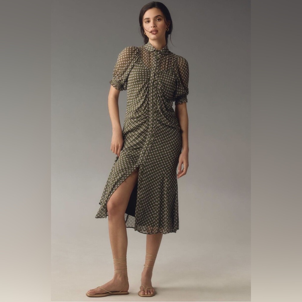 Anthropologie Puff Sleeve Ruched Mesh Midi Shirt Dress